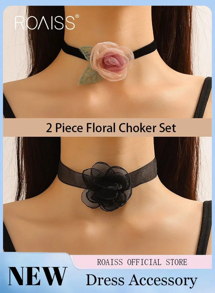 2 Piece Set Flower Collar Choker Necklace Long Strap Tie Necklace Neck Chain Wedding Jewelry Gift for Women Teens Girls Lace Flower Choker Necklace Ribbon for Women Lace Necklace