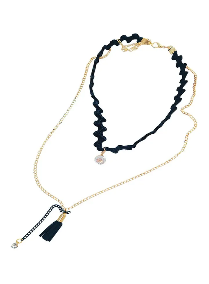 Double Layers Rhinestone Pendant Lace Choker Necklace