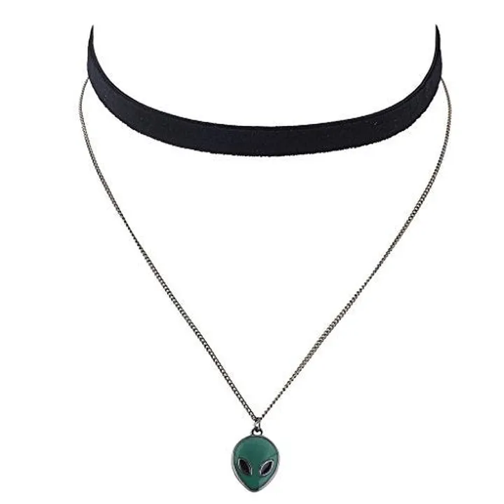 Brass Alien Head Charm Choker Necklace