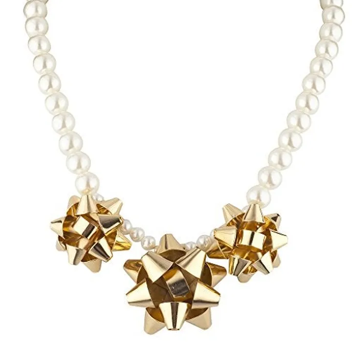 Brass Pearl Present Tie Statement Bib Necklace