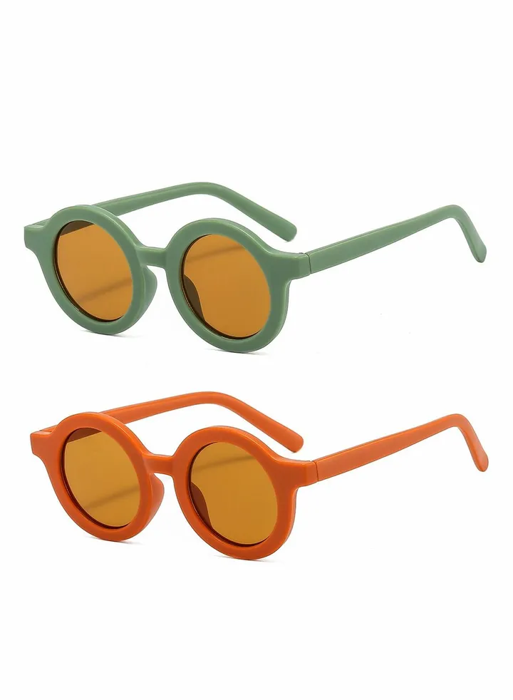 Kids Sunglasses, Retro Cute Round Sunglasses for Kids Girls Boys Sunnies UV400 Protection Sun Glasses, Flexible Frame for Girls Boys Age 2-10 Morandi Sunglasses Fashion Beach Holiday (Green+Orange)