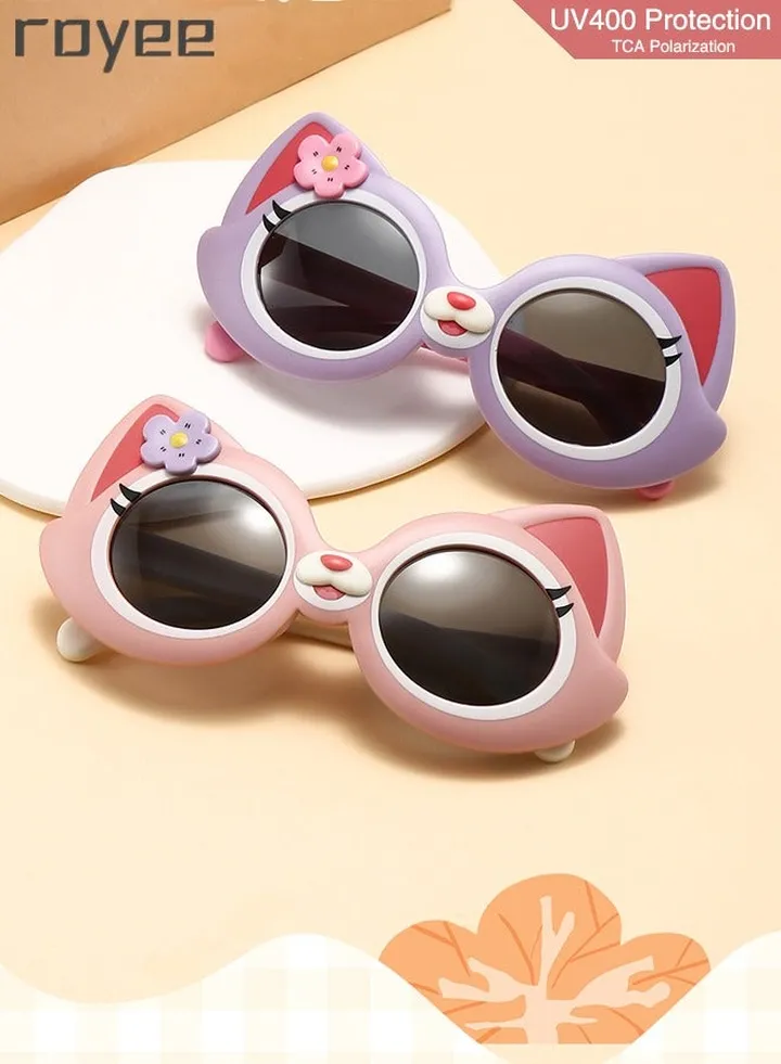 2 Pack New children's Cartoon Cat sunglasses, polarized foldable sunglasses, UV400 protection sunglasses for Age 2-4 6-8 10-12 Boys Girls boys and girls,TPEE Frame - Pink and Purple