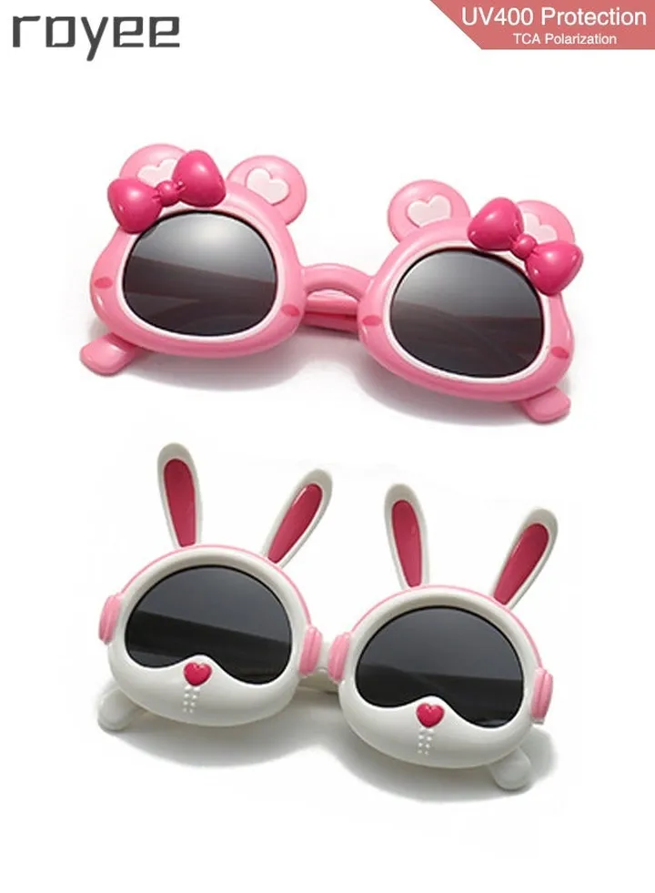 2 Pack New children's Rabbit sunglasses, polarized foldable sunglasses, UV400 protection sunglasses for Age 2-4 6-8 10-12 Boys Girls boys and girls,TPEE Frame - Pink and White