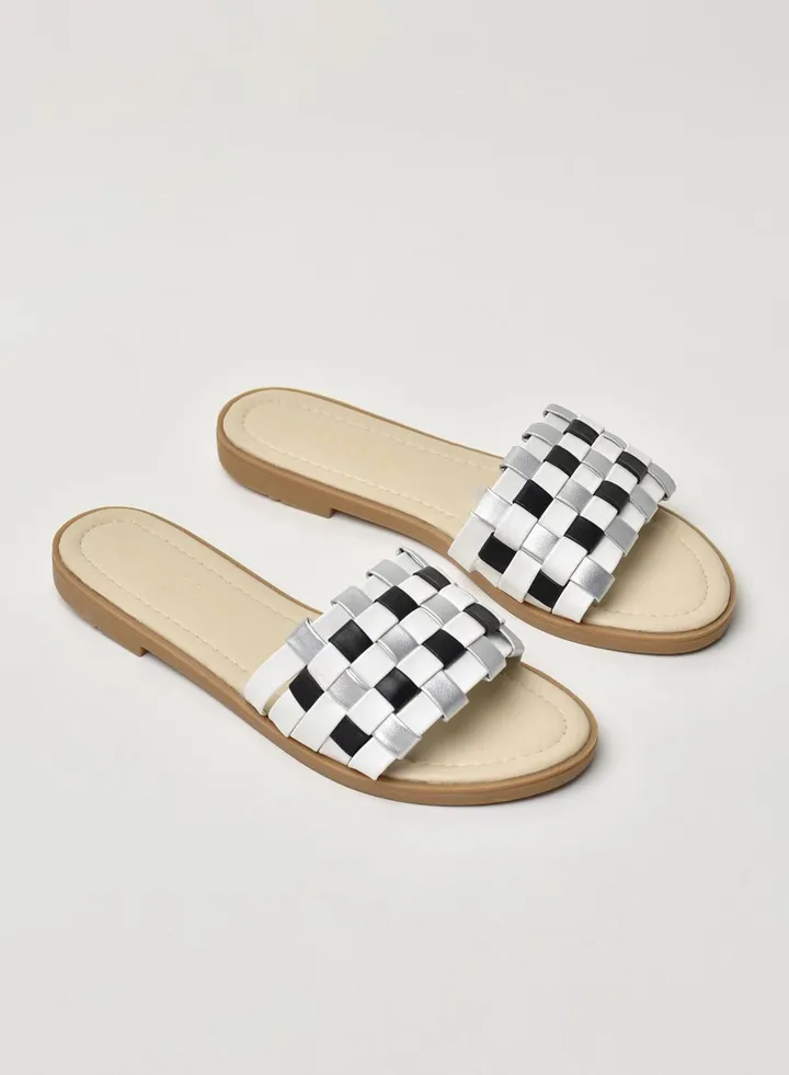 Braided Strap Flat multicolors Sandals White/Black/Silver