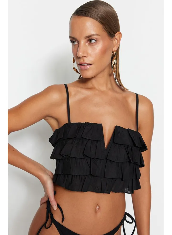 Black Crop Woven Ruffle 100% Cotton Blouse TBESS21BZ0661