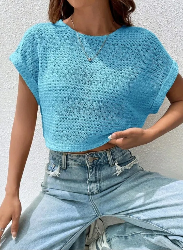 SHEIN EZwear Solid Batwing Sleeve Crop Top Mint Blue