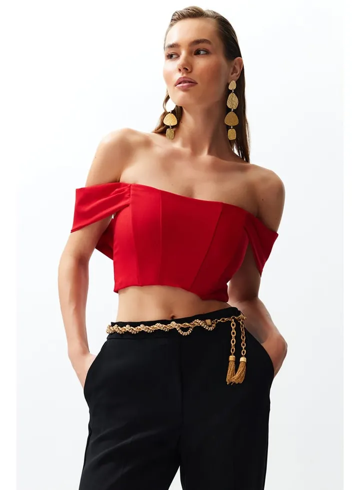 Red Carmen Collar Woven Bustier