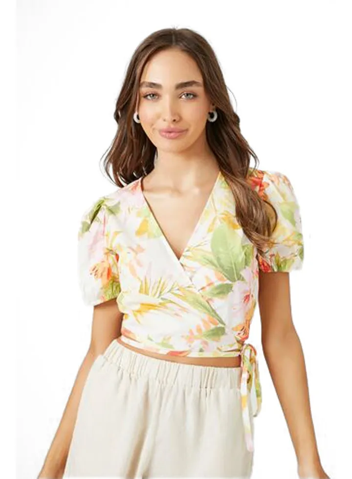 Floral Short-Sleeve Wrap Crop Top