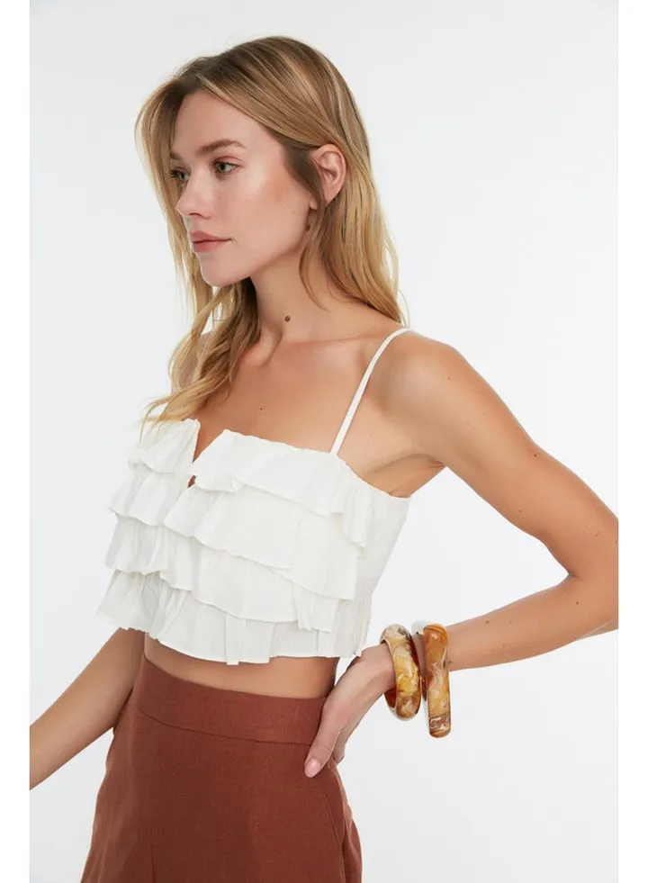 White Crop Woven Ruffle 100% Cotton Blouse TBESS21BZ0661