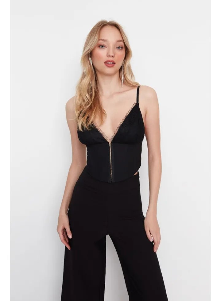 Black Crop Lined Woven Lace Bustier TPRAW23BS00045
