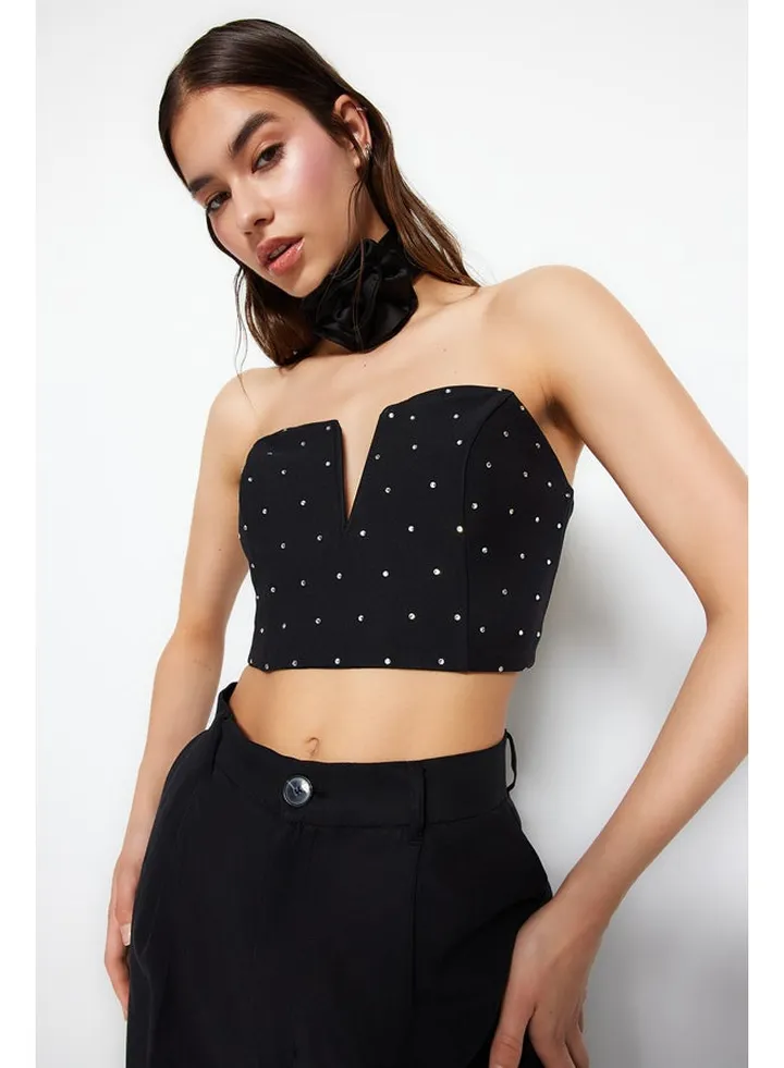 Black Crop Shiny Stone Bustier TPRSS23BS00130/Black