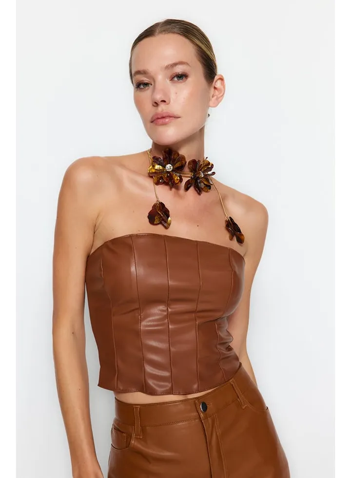 Brown Crop Faux Leather Bustier TPRAW24BS00021