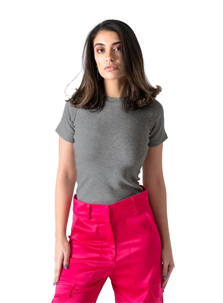 Dark Gray Short Sleeve Ribbed Top
