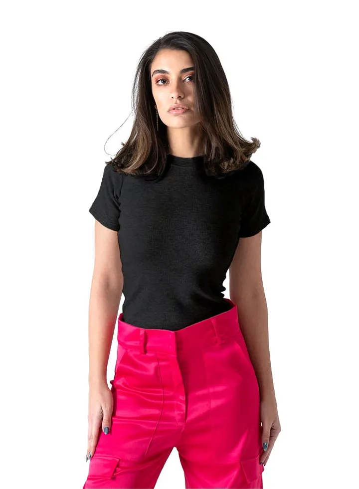 Black Short Sleeve Ribbed Top