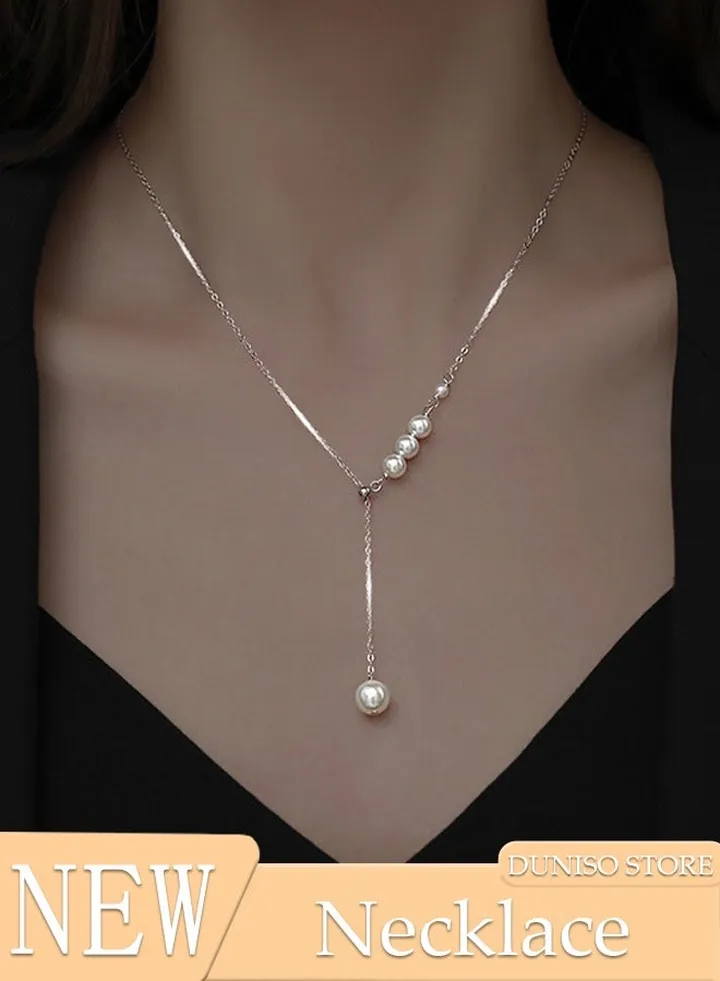 Pearl Necklace 925 Sterling Silver Choker Necklace Silver Choker Chain Pearl Pendant Necklace Simple Necklace Chain Jewelry for Women Teen Girls
