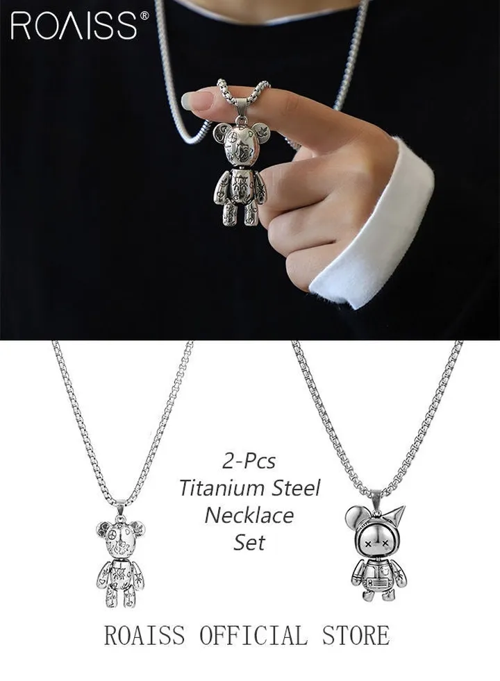2 Piece Necklace Set for Men Ins Cool Bear and Robot Necklace Men Women Pendant Sweater Chain Boys' Jewelry Hip Hop Necklace