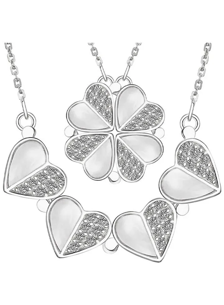 Sterling Silver Four Leaf Clover Necklace With Cubic Zirconia, Silver Heart Magnetic Necklace For Women, Lucky Clover Charm Pendant