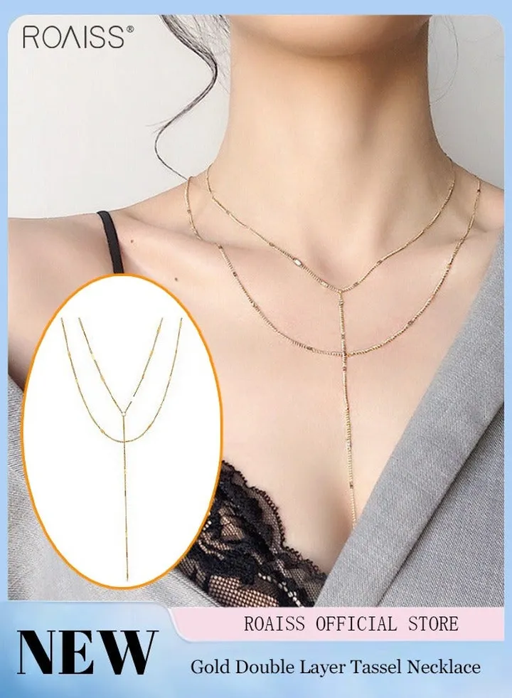Fashion Double Layer Gold Y-shaped Necklace Shiny Metal Party Tassel Necklace