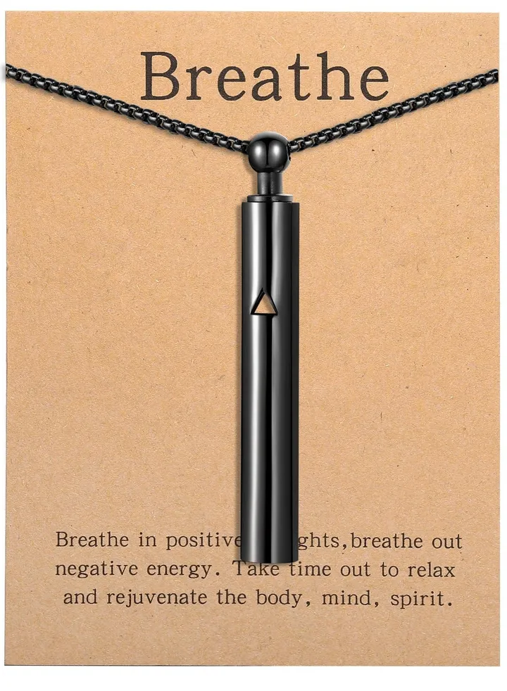 Stress Relief Mindful Necklace Mindfulness Breathing Necklace Breathlace Stainless Steel Pendant for Natural Calm and Stress Rel Anxiety Relief and Improved Sleep Suitable for Women and Men Black