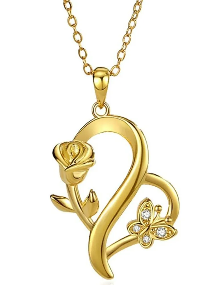 Golden Heart & Blossom 925 Sterling Silver Pendant Necklace with Crystal Accents