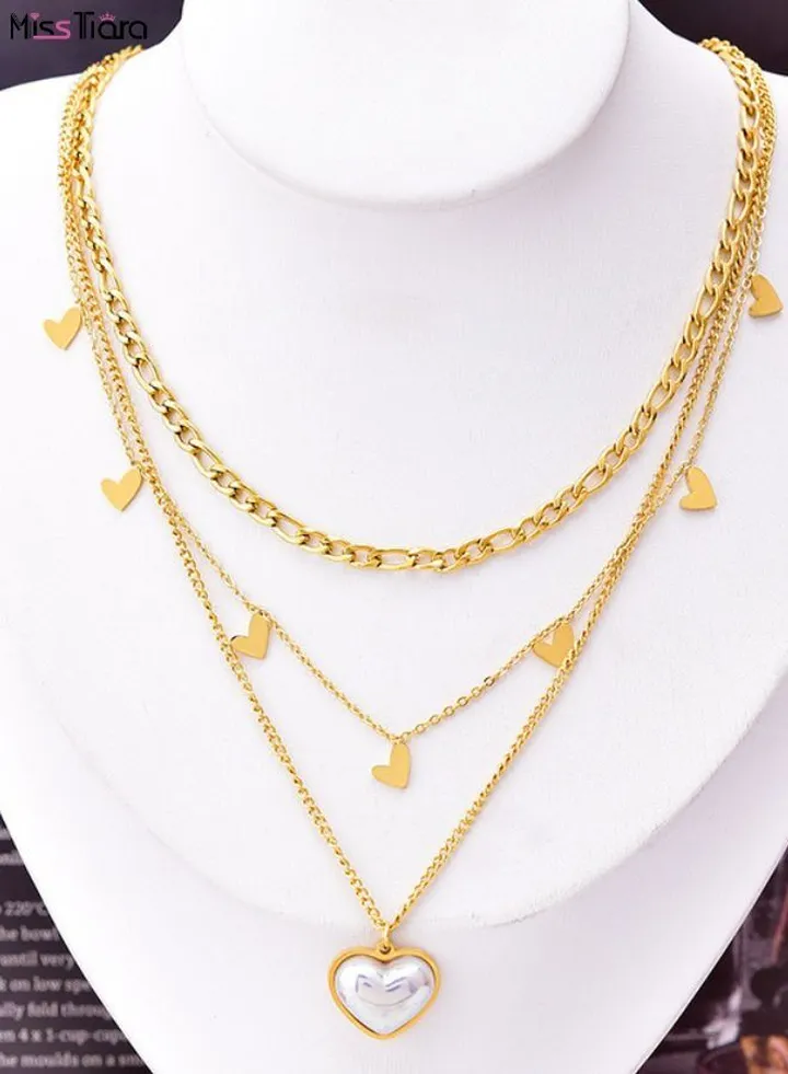 Three-Tiered Stainless Steel Heart Shaped Pearl Pendant Necklace For Women