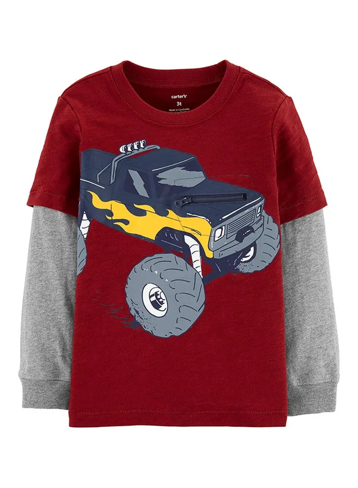 Boys Monster Truck Long Sleeve T-Shirt Red/Grey