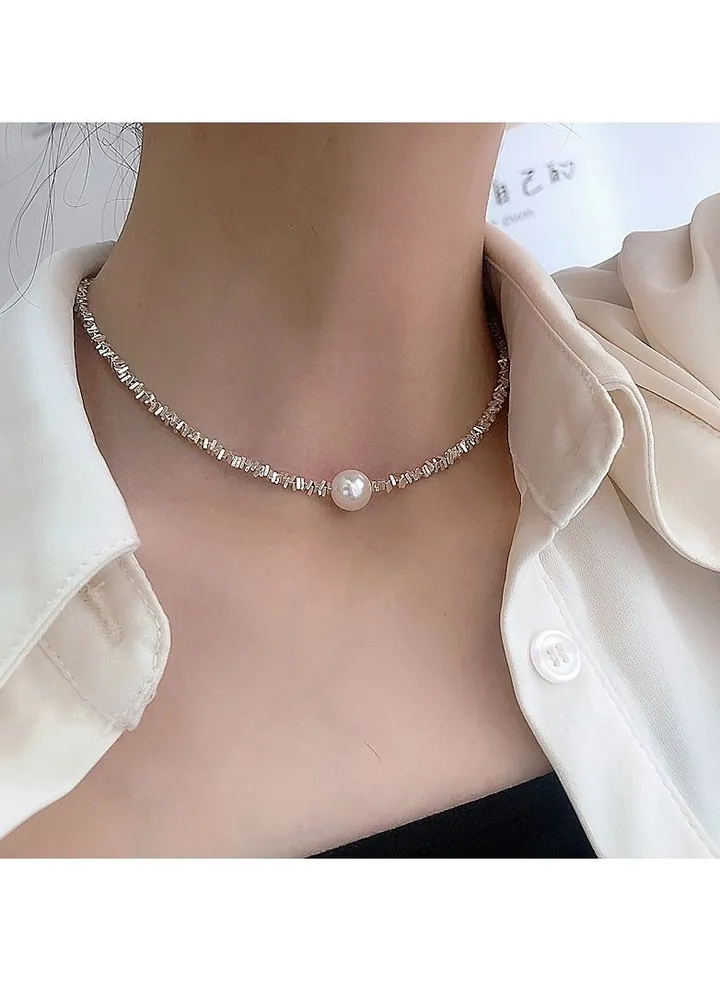 925 Sterling Silver Women's Broken Silver Pearl Necklace