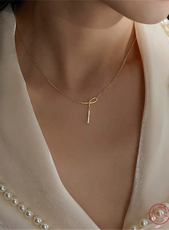 An all-over 925 silver bow inlaid with zirconium pendant necklace gift box, fashionable and delicate dating gift, temperament and versatile girl