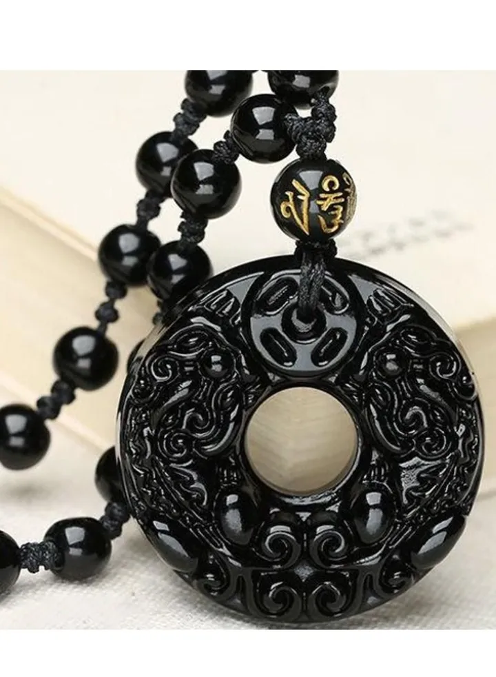 necklace from natural obsidian stone in black color