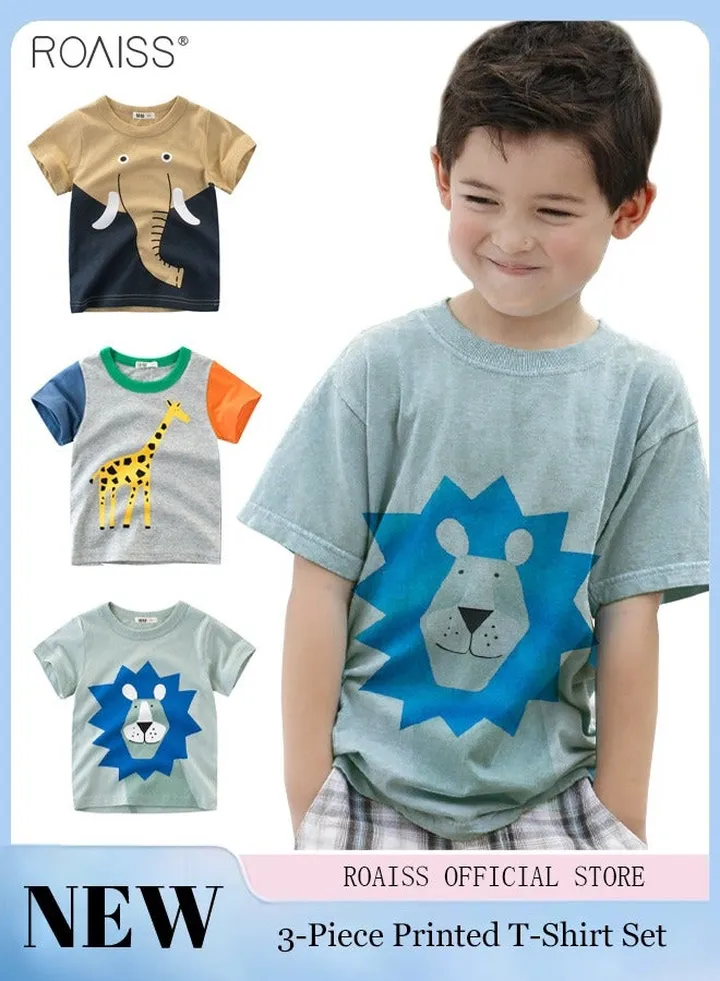 3 Piece Cartoon Printed T-Shirt Little Boy's Comfortable and Breathable Pure Cotton Short Sleeved Top
