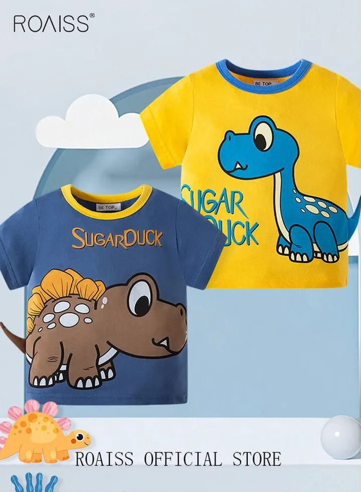 Pack of 2 Boy's Short Sleeve T-Shirts Multipacks Tops Tees Shirts Kids Toddlers Pure Cotton Clothing Cartoon 3D Dinosaur Graphic Cotton Casual T-Shirts Sets Daily Outfit Blue Yellow