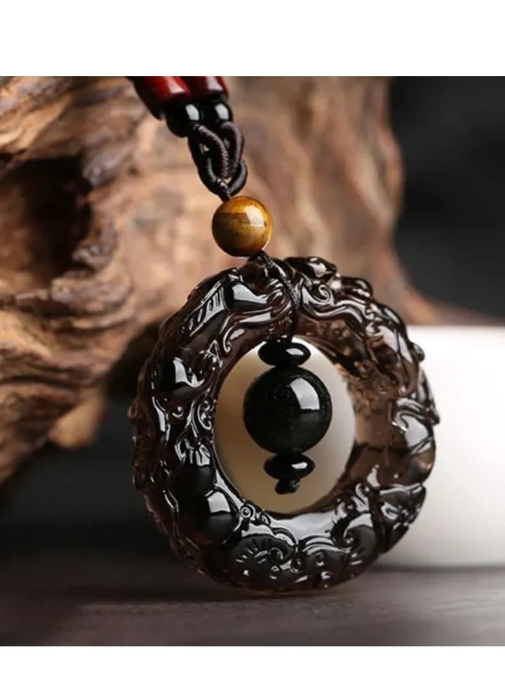 Natural obsidian necklace and black rope decorated with beads