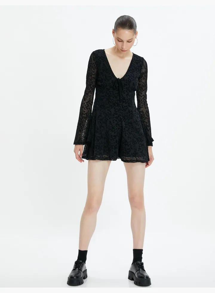 Mini Tulle Overalls Dress V Neck Long Sleeve Lined