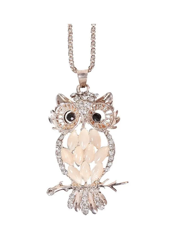 Elegant Rhinestone Faux Opal Inlay Owl Pendant Necklace