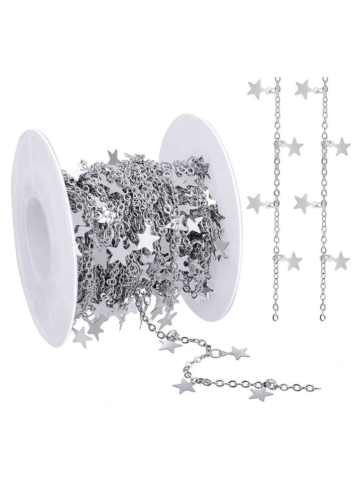 16.4 Feet Stainless Steel Star Link Chains Silver Necklace Chains Spool Bulk for Women DIY Bracelet Anklet Jewelry Making (White K)