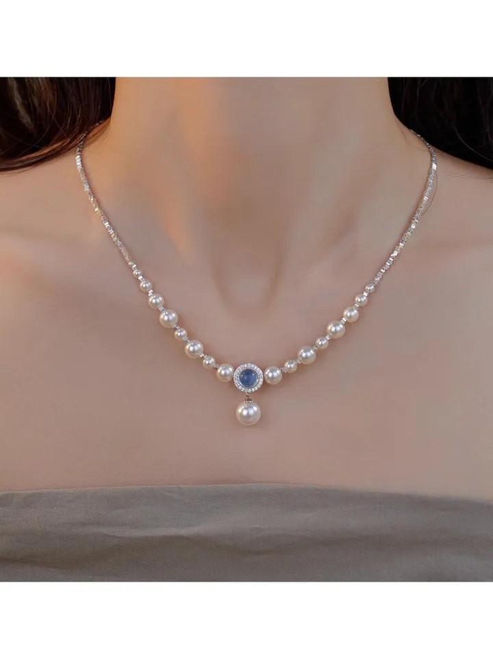 Sterling Silver Pearl Aquamarine Jewel Necklace