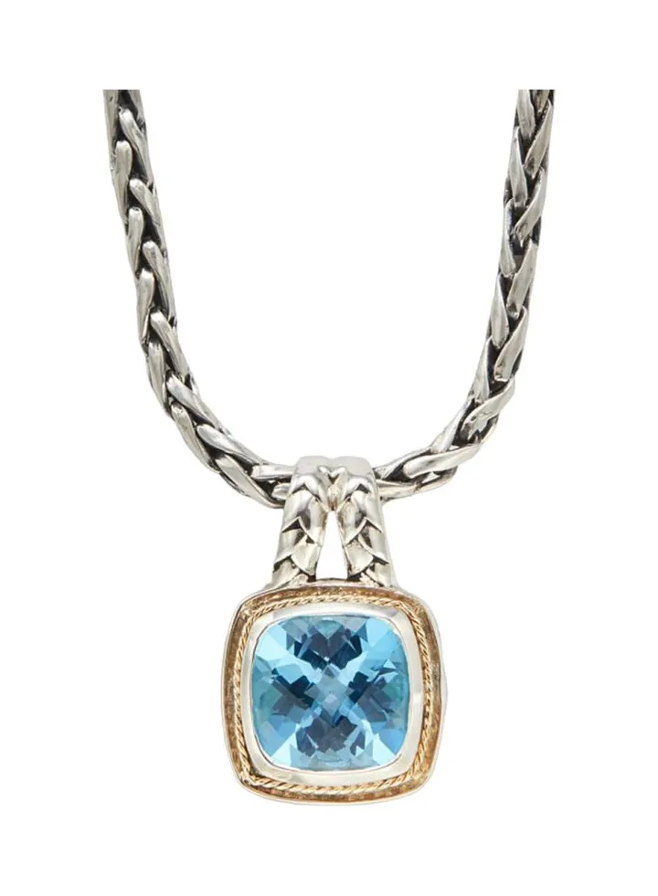 Two Tone 18K Yellow Gold Sterling Silver and Blue Topaz Pendant Necklace for Women One Size