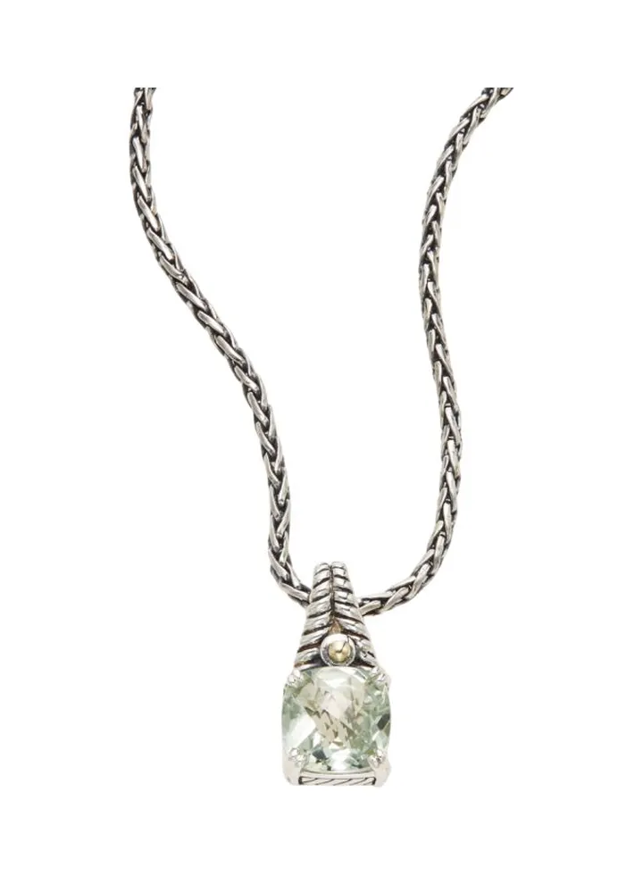 18K Yellow Gold and Green Amethyst Sterling Silver Square Pendant Necklace for Women One Size