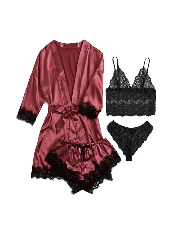 4 Piece Fashion Ladies Loungewear Lace Pajama Set Red