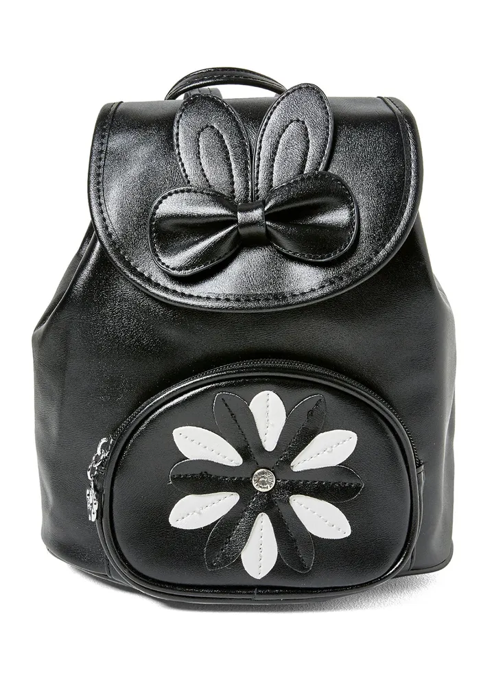 Flower And Bow Faux Leather Backpack Black