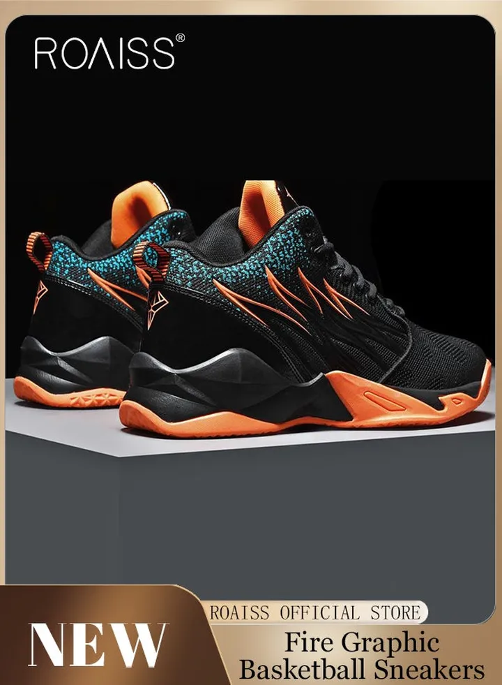 New Men Lace up Front Fire Graphic Basketball Sneakers Sport Outdoor Non slip Shoes Casual Lightweight Comfy Men Walking Shoes for Young Men Teenagers Spring and Summer