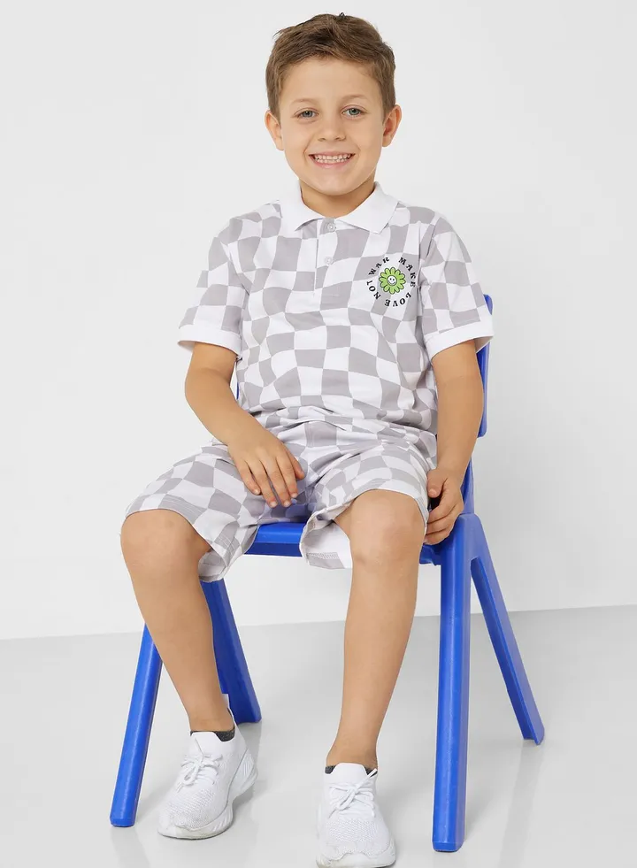 Boys Checked Polo Shirt And Joggers Set