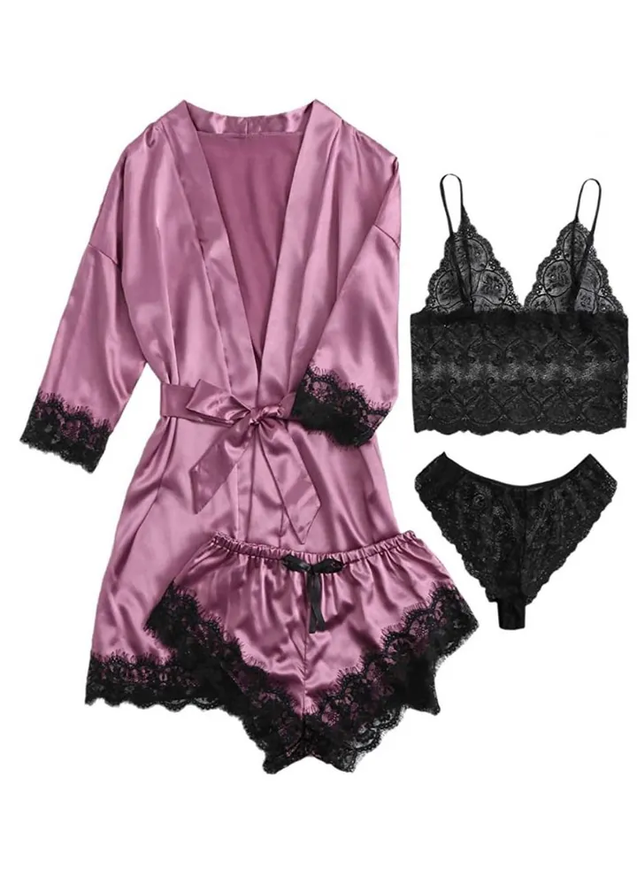 4 Piece Fashion Ladies Loungewear Lace Pajama Set Purple