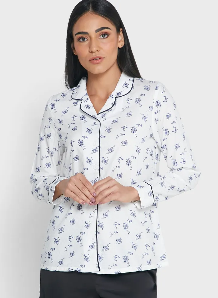 White Floral Print Cotton Long Sleeve Pyjama Shirt