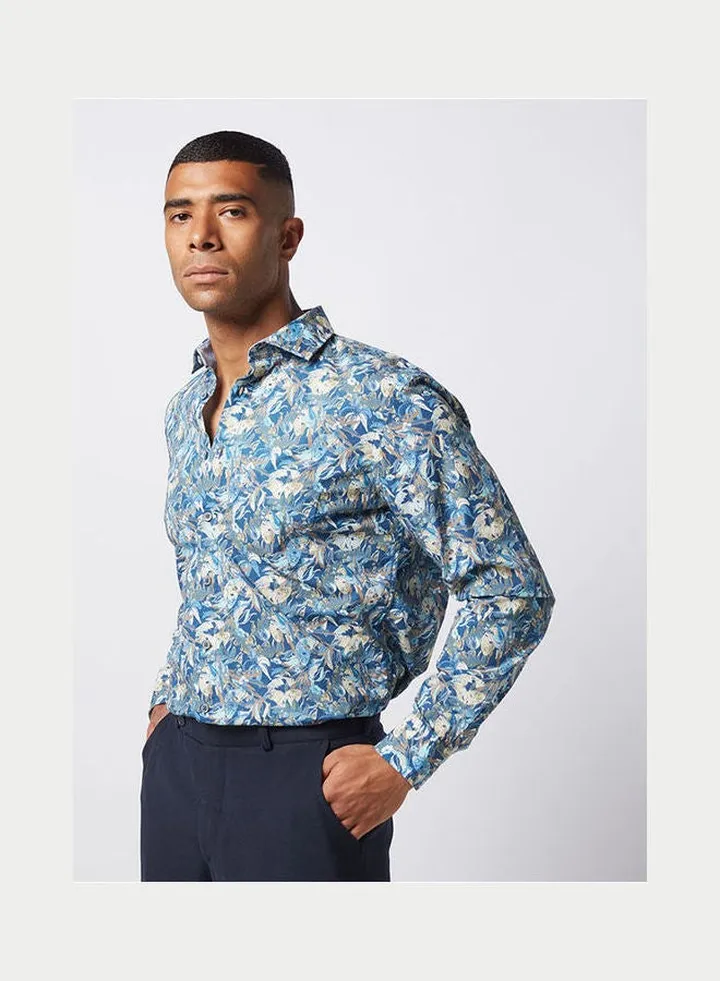 Casual Floral Long Sleeve Shirt Blue
