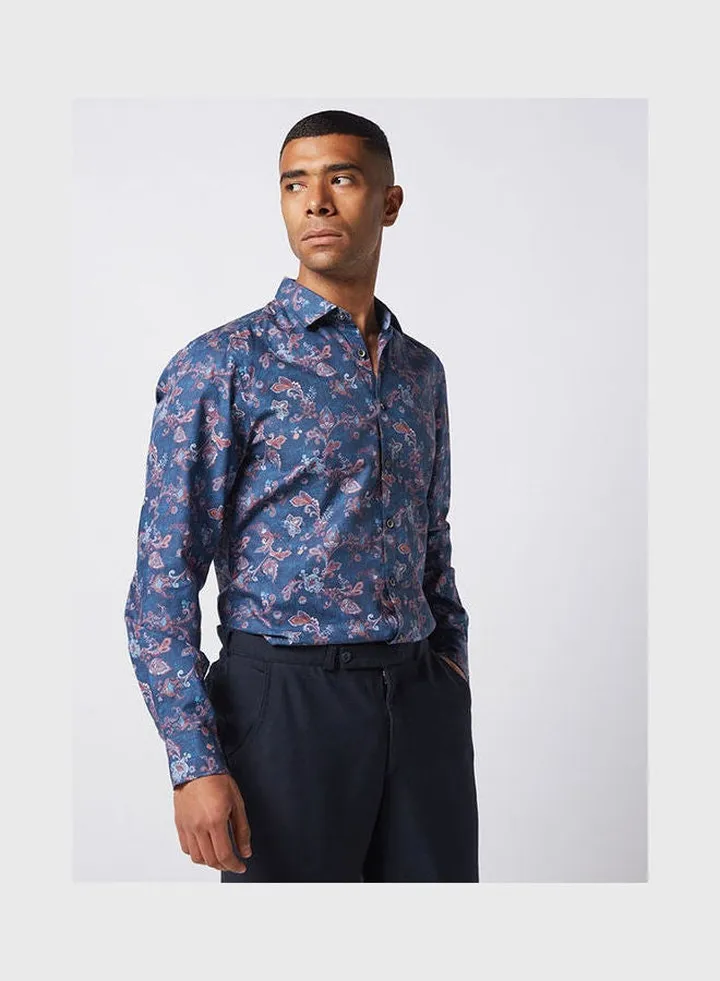 Casual Floral Long Sleeve Shirt Dark Blue