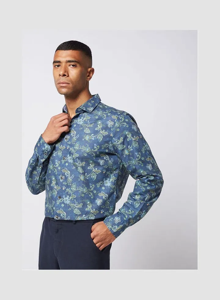Casual Floral Long Sleeve Shirt Dark Blue