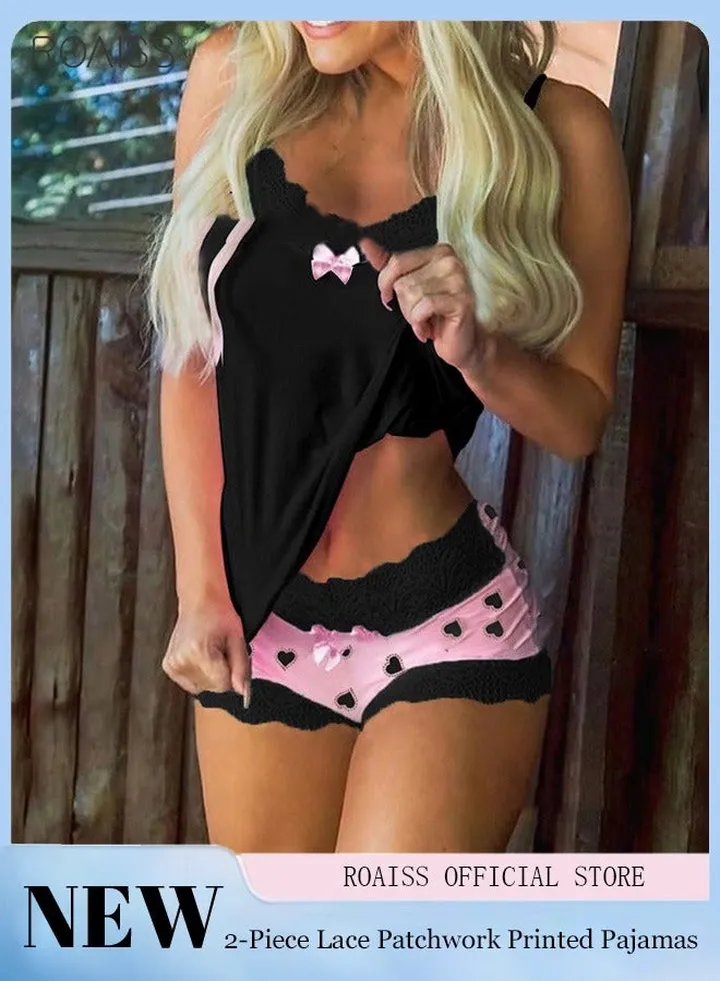 Women'S 2 Piece Pajama Suit Cute Printed Suspender Vest And Shorts Set Classic Solid Color Lapel Silk Pajama Set