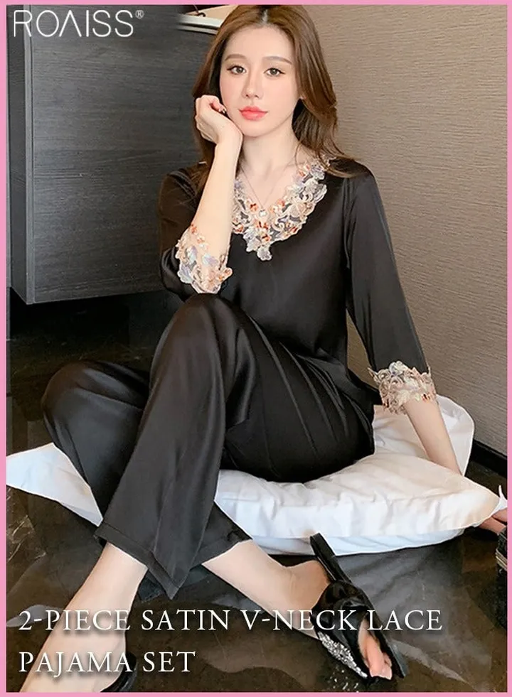 2-Piece Women's Satin Pajamas Loose 3/4 Cuff Head V-Neck Top Elastic Waist Casual Pants Home Furnishing Set
