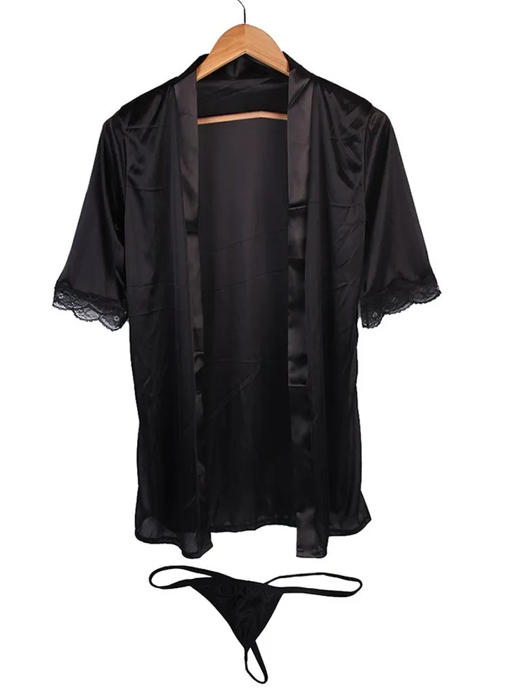 New Women Satin Lace Robe Sleepwear Lingerie Nightdress Pajamas Black